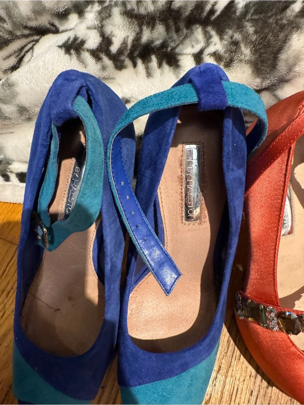 Blue & Teal Suede Peep-Toe Heels with Ankle Strap Halston heels